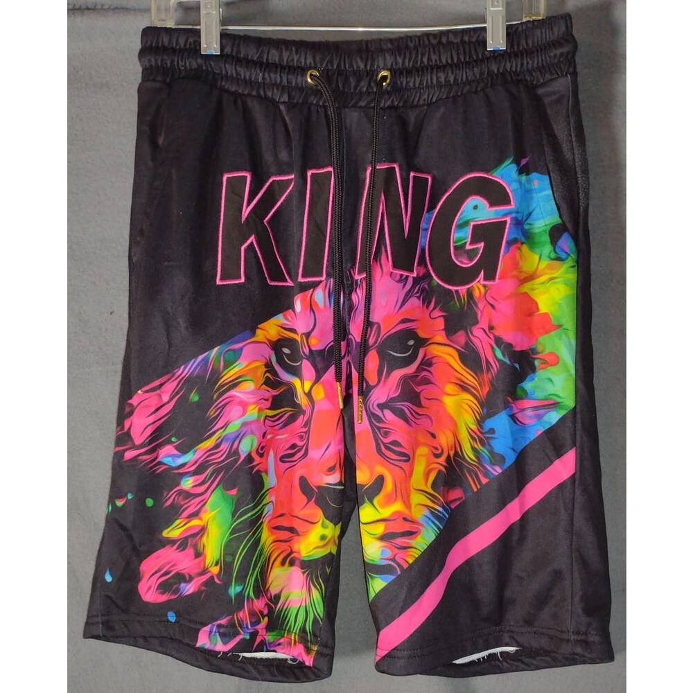 HUGE Fashion Exchange King Lion Multi Color Black Shorts Medium